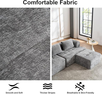 95" Modern Cloud Sectional Sofa Couch, Modular L-Shaped Sofas with Deep Seat and Chaise Ottoman, Chenille Boneless Tufted Couches for Living Room, No Assembly Required, Grey
