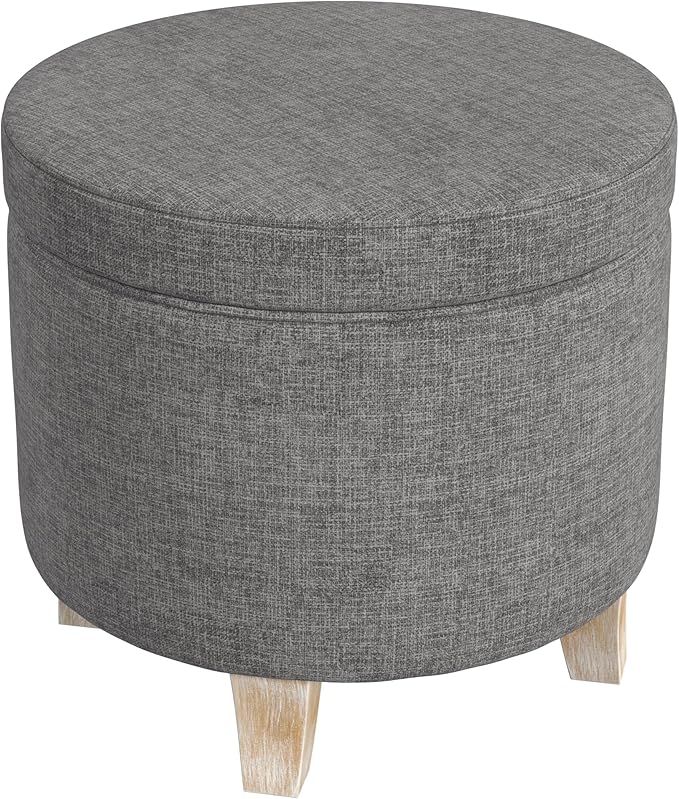 HomePop Upholstered Round Storage Ottoman|Homepop Home Décor|Upholstered Round Foot Rest Ottoman -Gray Woven