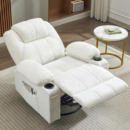 Oversized Swivel Rocker Recliner Chair with Heat and Massage, Large Big Recliner Chair for Living Room, 360 Degree Swivel Rocking Single Sofa with Cup Holders and USB Port(Teddy, White)