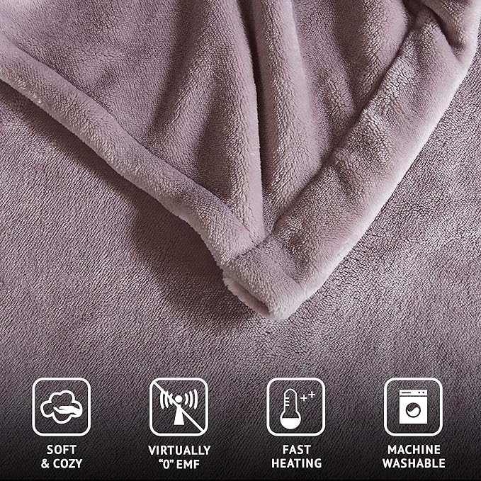 Beautyrest Heated Electric Blanket for Cold Weather, Fast Heating Heated Blanket, Auto Shut Off, Virtually Zero EMF, Multi Heat Setting, UL Certified, Lavender Throw (60 inx70 in)