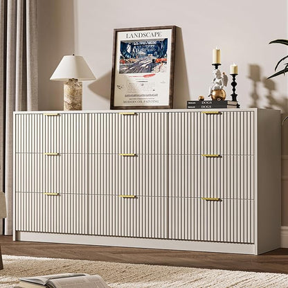3-Piece Dresser Bedroom Set, 9 Drawer Dresser & 3 Drawer Nightstands with Gold Handles, Fluted Wood Chest of Drawers for Bedroom, Living Room, Entryway, Beige