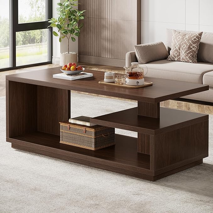 Tribesigns 47.24" Coffee Table with Storage Shelf, Mid-Century Modern Center Table, 3-Tier Rectangle Wooden Tea Table with Thick Base for Living Room, Walnut
