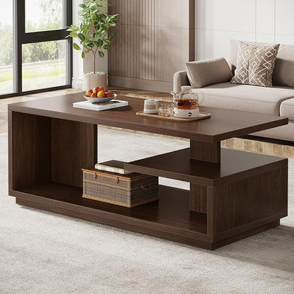 Tribesigns 47.24" Coffee Table with Storage Shelf, Mid-Century Modern Center Table, 3-Tier Rectangle Wooden Tea Table with Thick Base for Living Room, Walnut