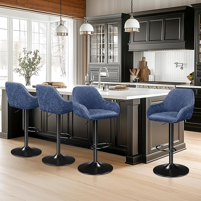 Yaheetech Bar Stools Set of 4, PU Leather Swivel Counter Height Barstools, Adjustable Bar Chairs with Backrest and Footrest, Kitchen Island Stool for Home Kitchen, Blue