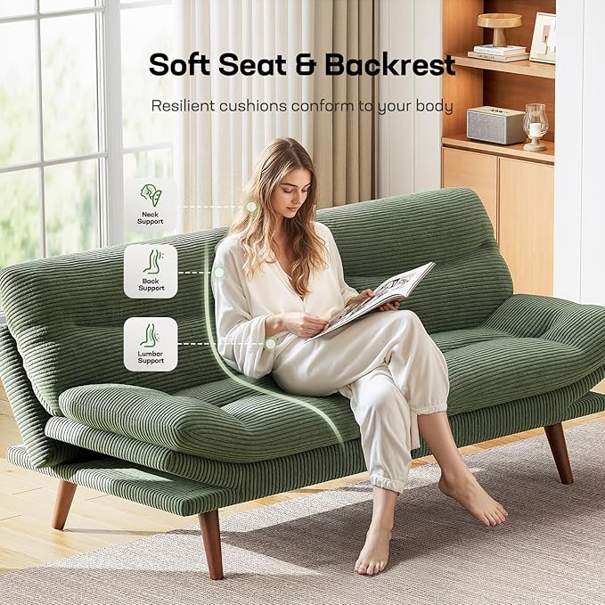 Marsail 75" Futon Sofa Bed, Futon Couch with Adjustable Backrest & Armrests, Convertible Sleeper Sofa Bed for Apartment, Living Room, Office, Corduroy Loveseat, Green