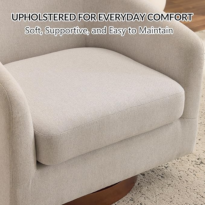 AEDI Swivel Accent Chair with Solid Wood Base, Upholstered Barrel Armchair for Living Room, Modern Small Club Chair,Beige