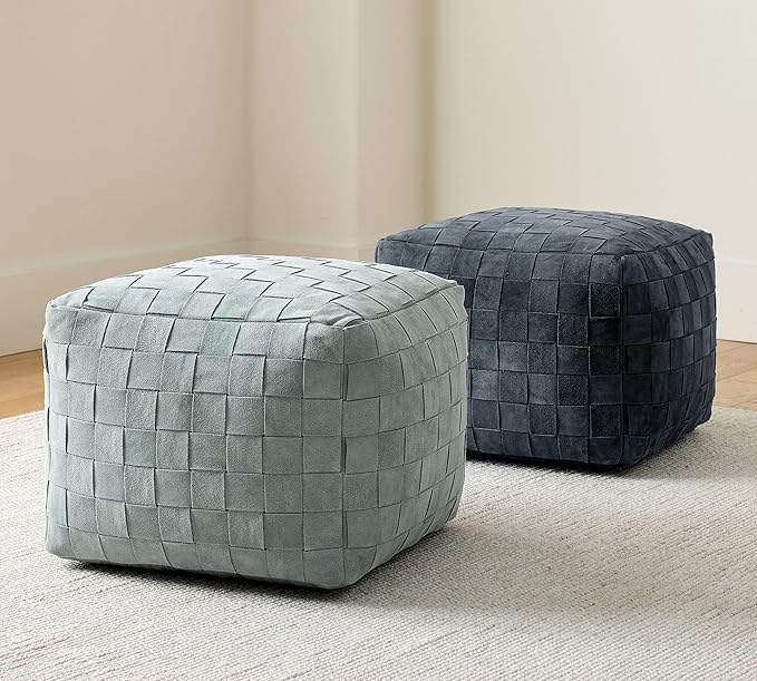 Luxury Handcrafted Suede Basketweave Pouf Ottoman – Soft & Durable Floor Cushion, Footrest, Accent Seating for Living Room, Bedroom, Office Stylish Modern Home Décor (Chambray, 18" x 18" x 14")