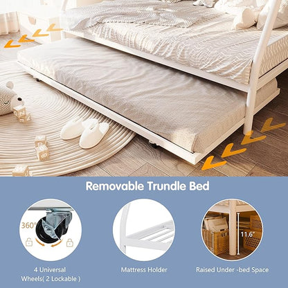 SUNLEI Metal Bunk Beds with Double Secured Ladders, Twin Over Full Bunk Bed with Surrounded Safety Guardrails, Space Saver Twin Beds, Noise Free for Small Bedroom, with Trundle, White
