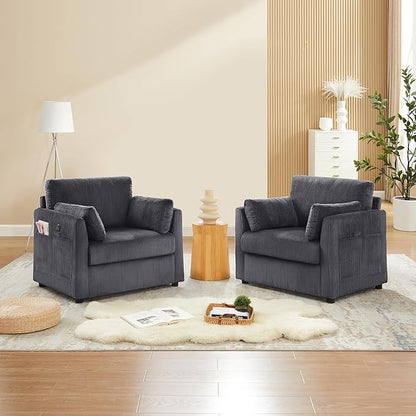 Modern Corduroy Accent Chairs, 38" W Comfy Armchair with Soft Pillows and Side Pockets, Single Reading Chairs for Living Room, Bedroom, Apartment, Grey