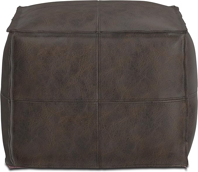 SIMPLIHOME Sheffield Boho Square Pouf in Distressed Dark Brown Leather for the Living Room, Bedroom and Kids Room