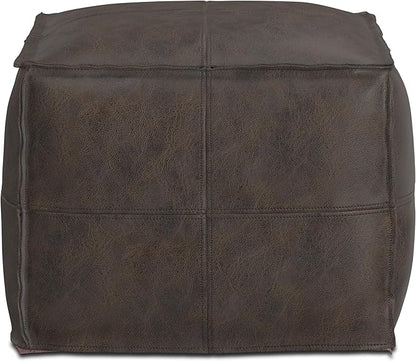 SIMPLIHOME Sheffield Boho Square Pouf in Distressed Dark Brown Leather for the Living Room, Bedroom and Kids Room