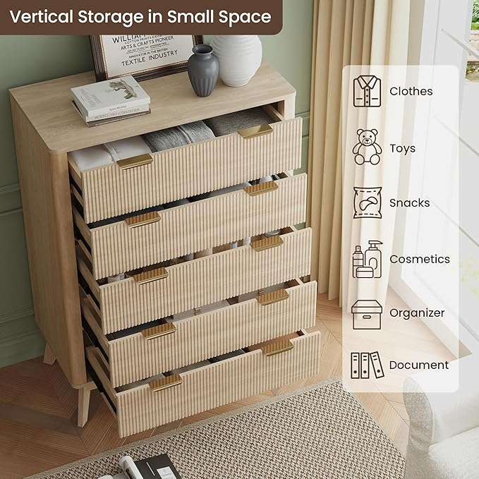 Fluted 5 Drawer Dresser, Tall Dresser with Deep Drawers, Wood Chest of Drawers for Bedroom, Modern Tall Chest Storage Organizer, Natural Finish for Hallway, Entryway, Living Room (Oak)