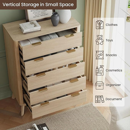 SUNWAVE Fluted 5 Drawer Dresser for Bedroom, 43.3" Tall Dressers with Round Corner, Mid-Century Modern Wood Chest for Living Room, Entry