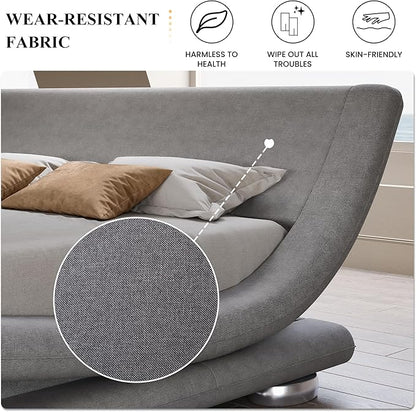 SHA CERLIN Full Size Upholstered Bed Frame, Deluxe Low Profile Sleigh Bed with Linen Ergonomics Headboard, No Box Spring Needed & Easy Assembly, Grey