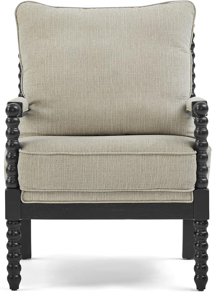 Morden Fort Linen Fabric Spindle Accent Chair with Wood Frame, French Style Accent Chairs with Padded Spring Seat and Armrest Pads, Brushed Base for Living Room Bedroom Farmhouse Office Balcony