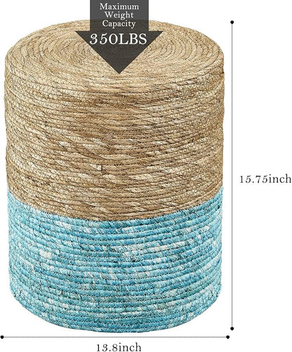 Wimarsbon Ottoman Poof, Natural Seagrass Poufs, Hand Weave Round Footstool, Pouffe Accent Chair, Sitting Braided Footrest W/Jute Cover, Outdoor Ottoman, for Living Room, Bedroom