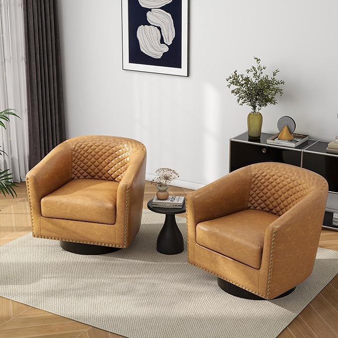 Pia Ricco Faux Leather Swivel Barrel Accent Chairs Set of 2, 360° Swivel Round Single Sofa Chair, Comfy Upholstered Club Armchair with Nailhead Trim for Living Room/Reading Room/Bedroom, Coffee