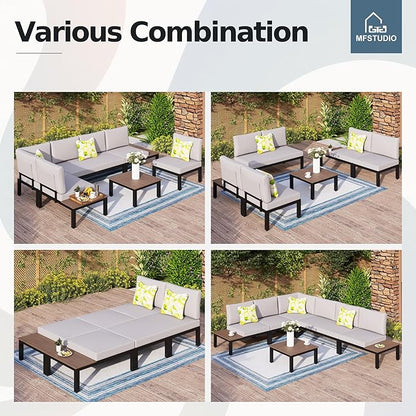MFSTUDIO 7 Pieces Patio Furniture Set,Outdoor Metal Frame Patio Sectional Sofa Conversation Set with 2 Coffee Tables&Removable Cushion for Backyard,Garden,Poolside