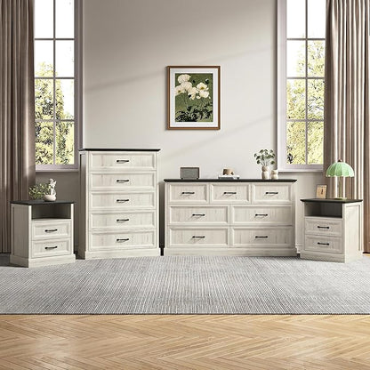 Farmhouse Dresser and Nightstand Sets, 4Pcs Bedroom Furniture Set, Nightstand Set of 2 & 55" Wide 7 Drawer and 44" Tall 5 Drawer Dresser with Large Drawers & Bar Handles, White