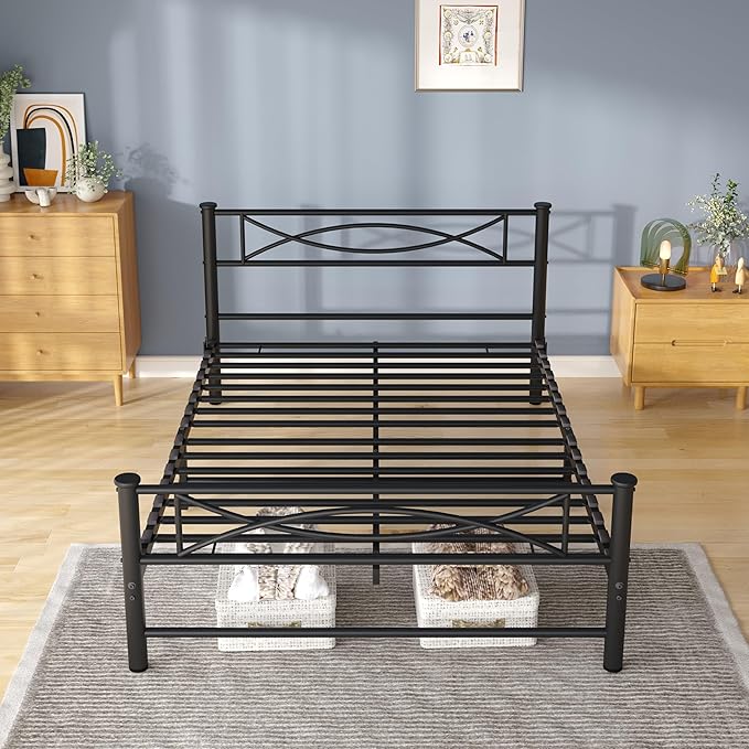 Metal Full Single Bed Frame with Storage Space, 74.8" in Steel Bed Frame with Protective Foot Pads, Strong Bearing Capacity Full Size Bed, Easy Assembly, Underbed Storage Space（35.4 inch）