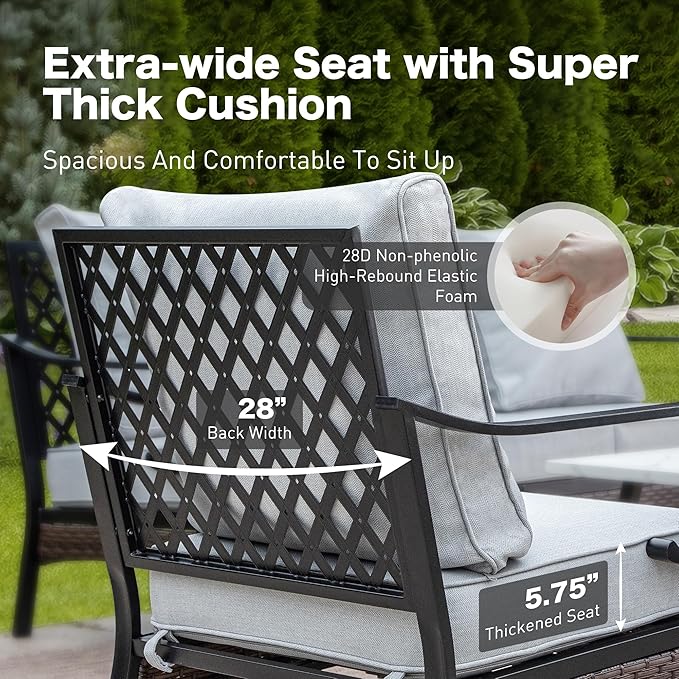 6 Piece Metal Outdoor Patio Furniture Sets, Patio Conversation Sets 1 3-Seater Sofa, 4 Single Sofa with 5.75" Thick Cushion & Coffee Table, Black Frame Backyard Furniture, Light Gray
