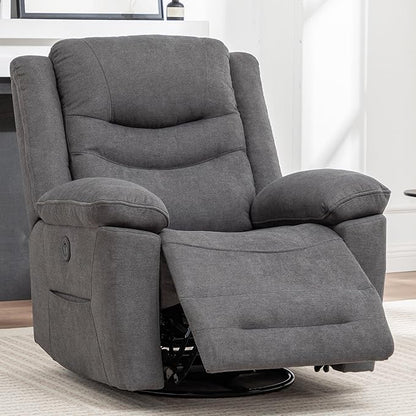 Power Swivel Rocker Recliner with Massage and Heat, USB Port, Infinite Position, Oversized Electric Glider Rocking Chairs Living Room, Soft Fabric Reclining Sofa Chair (Dark Grey Fabric)