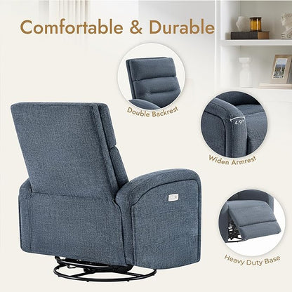 Watson & Whitely Swivel Power Recliner Glider Rocker, Small Recliner with Charging Port for Living Room, Fabric in Blue
