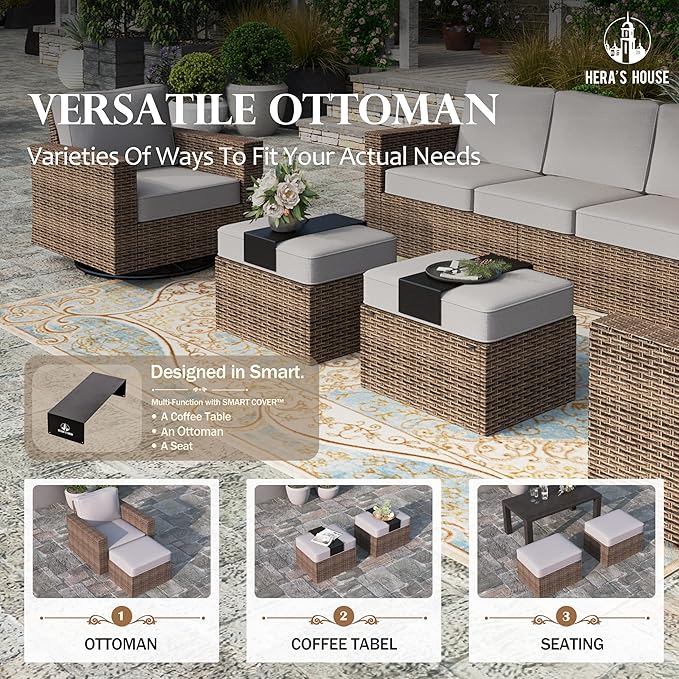 HERA'S HOUSE Swivel Glider Patio Furniture Set with 4.92" Wide Armrest 5.5" Thick Cushions, 5 Pieces Outdoor Wicker Conversation Sets for Lawn Backyard Deck, Grey