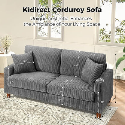 Kidirect 70in Corduroy Couch, Sofa No Tool Assembly, Comfy Couches for Living Room 21in Deeper Seats, Corduroy Sofas for Living Room with 2 Pillows, Oversized Loveseat Sofa, Boho Love Seat Grey Couch