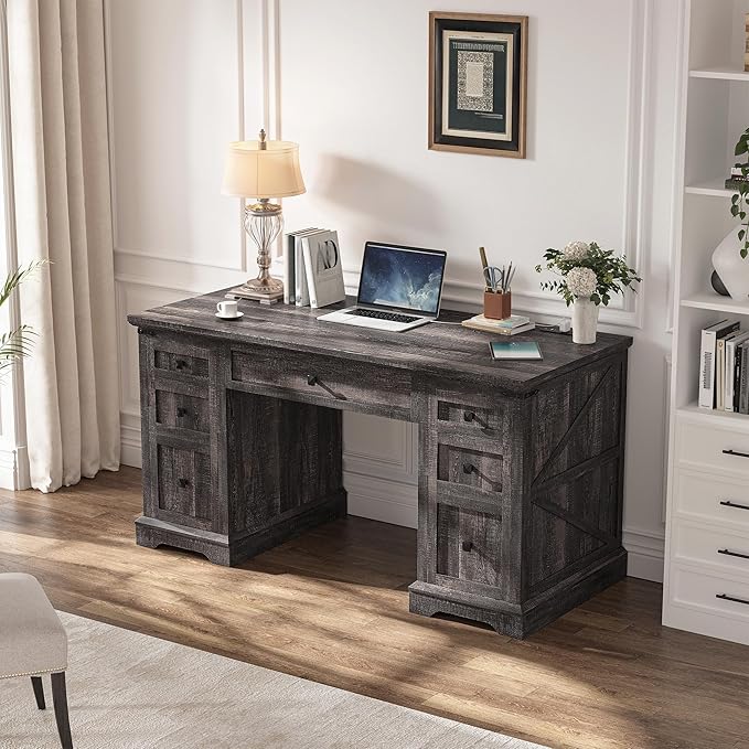 EnHomee 58" W Farmhouse Executive Desk with Drawers, Wood Home Office Desks with Power Outlets, Rustic Computer Desk with Storage Cabinet for Working, Studying, Writing, Dark Rustic Oak