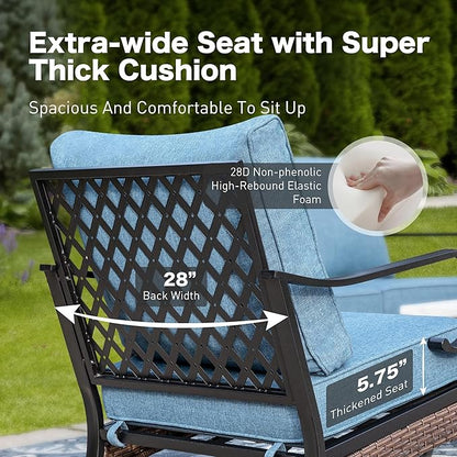 5 Piece Metal Outdoor Patio Furniture Set, Patio Conversation Setsv with 3-Seater Sofa, Loveseat, 2 Fixed Sofa (5.75" Thick Cushion) & Coffee Table Black Backyard Furniture, Denim Blue