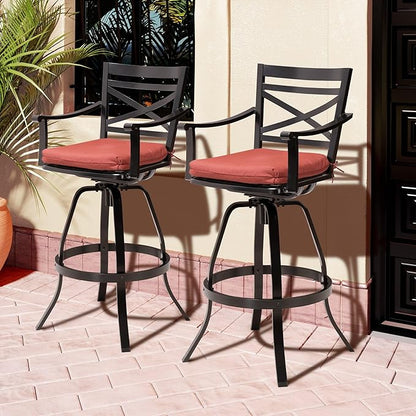 Pellebant 30" Sunbrella Outdoor Bar Stools Set of 2, Aluminum Swivel Patio Bar Height Bar Stools with Back & Footrest, for Deck Lawn Garden(Red)