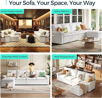 LINSY HOME Modular Sectional Couch Set, 99.7" V Shaped Cloud Sofa with Versatile Console, Chenille 5 Seater Sofa Set for Living Room, Apartment, Office, Beige