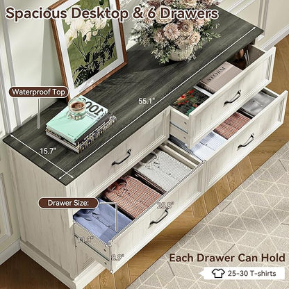 Farmhouse Dresser and Nightstand Sets, 4Pcs Bedroom Furniture Set, Nightstand Set of 2 & 55" Wide 6 Drawer and 44" Tall 5 Drawer Dresser with Large Drawers & Bar Handles, White