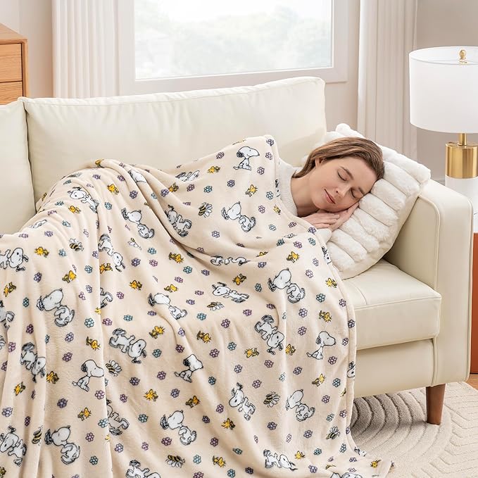 Berkshire Blanket Peanuts® VelvetLoft® Cute Character Snoopy Plush Throw Blanket,Peanuts Woodstock Snoopy Spring Frolic Large Canvas,Throw 55 in x 70 in (Official Peanuts® Product)