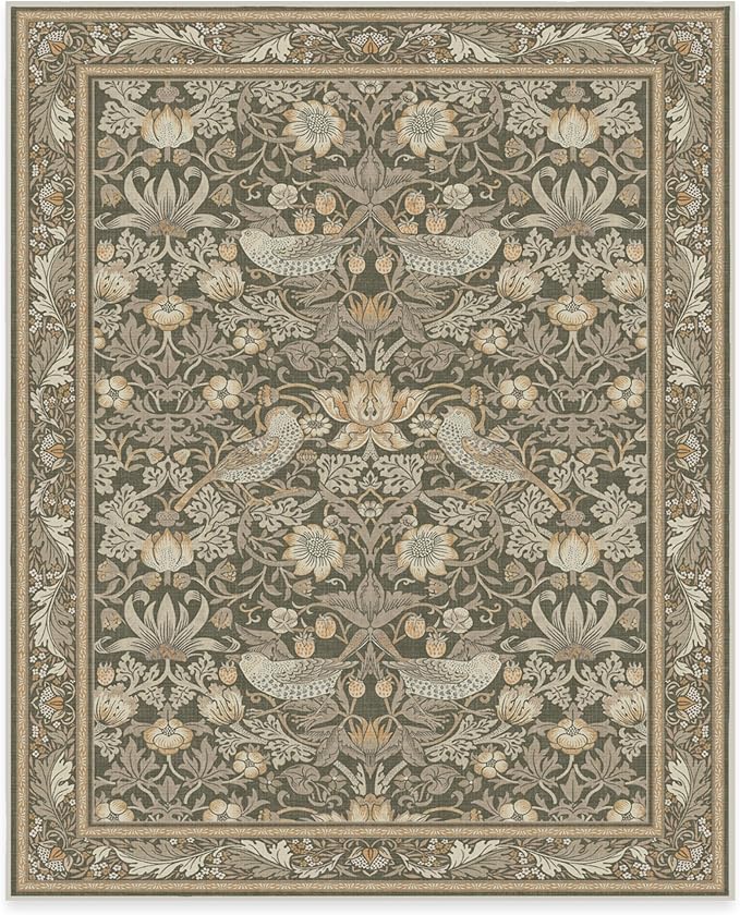 RUGGABLE x Morris & Co Machine Washable Area Rug – Strawberry Thief Stone Gold 8x10, Stain-Resistant, Non-Slip – Large Rugs for Living Room, Bedroom, Hallway, Entryway & Office–with Cushioned Pad