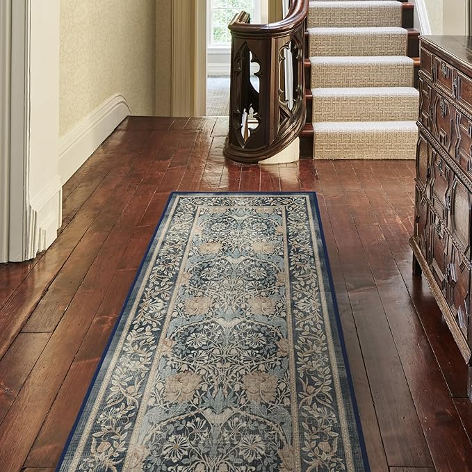 RUGGABLE x Morris & Co Washable Area Rug– Honeysuckle & Tulip Blue 2x3, Stain-Resistant, Non-Slip –Small Machine Washable Rugs for Living Room, Bedroom, Hallway, Entryway & Bathroom–with Standard Pad