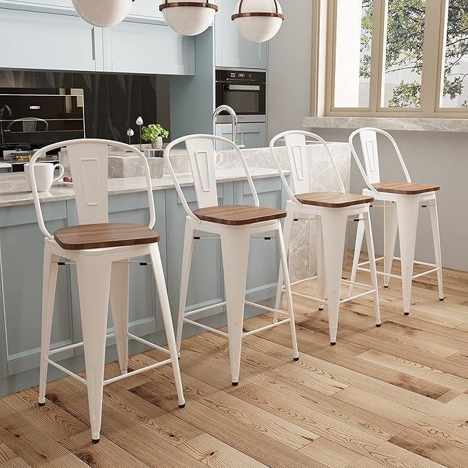 Aklaus Swivel Metal Bar Stools Set of 4 Counter Height Stools Counter Bar Stools with Back Swivel Metal Bar Chairs Wooded Seat 30 Inch White Cream barstools