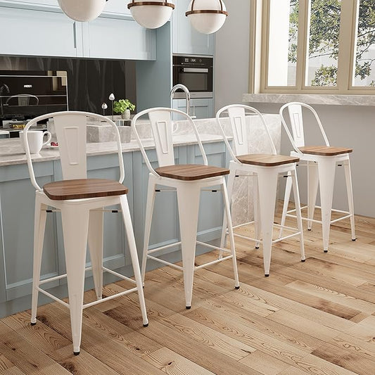 Aklaus Swivel Metal Bar Stools Set of 4 Counter Height Stools Counter Bar Stools with Back Swivel Metal Bar Chairs Wooded Seat 30 Inch White Cream barstools