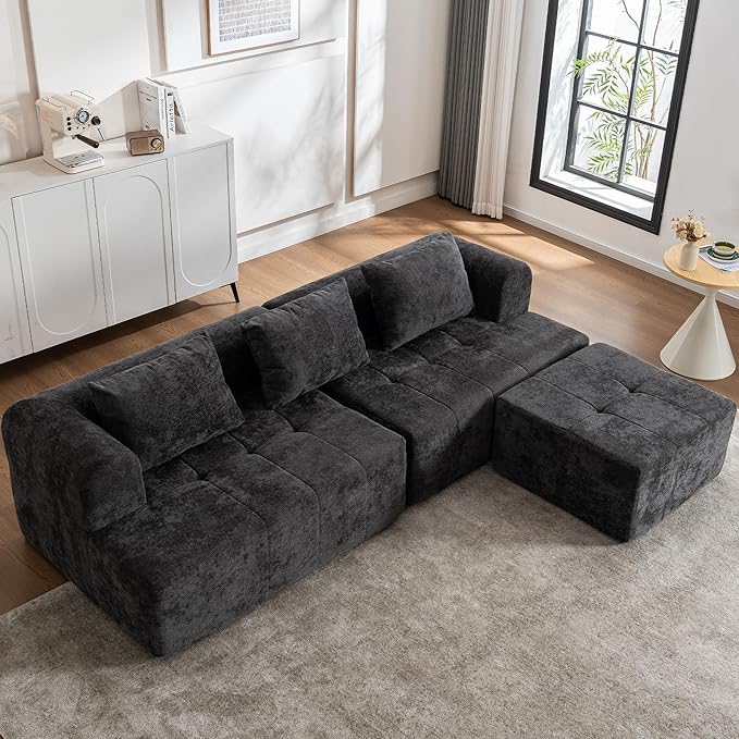 95" Modern Cloud Sectional Sofa Couch, Modular L-Shaped Sofas with Deep Seat and Chaise Ottoman, Chenille Boneless Tufted Couches for Living Room, No Assembly Required, Black