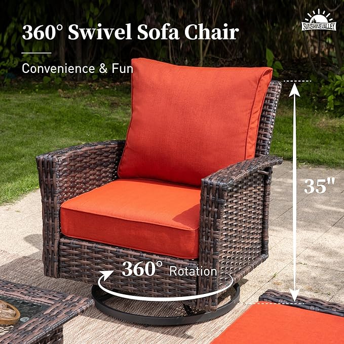 Patio Wicker Swivel Chairs Set of 2, Outdoor High Back Chairs with 5.5" Waterproof Cushions, Outdoor Furniture Set for Deck Porch and Yard, Peacock Blue