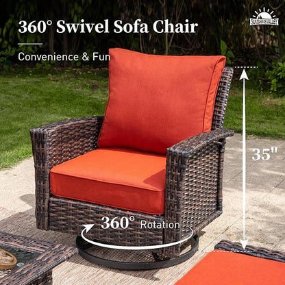 Patio Wicker Swivel Chairs Set of 2, Outdoor High Back Chairs with 5.5" Waterproof Cushions and Side Table, Outdoor Furniture Set for Deck Porch and Yard, Peacock Blue