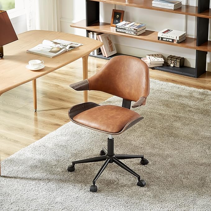 Art Leon Mid Century Desk Chair - Faux Leather Upholstered Swivel Desk Chair, Office Chair with Wheels, Adjustable Height Task Chair with Metal Base, Dark Gray Oak Bentwood, Brown
