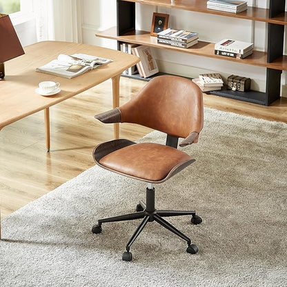 Art Leon Mid Century Desk Chair - Faux Leather Upholstered Swivel Desk Chair, Office Chair with Wheels, Adjustable Height Task Chair with Metal Base, Dark Gray Oak Bentwood, Brown