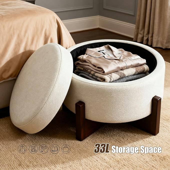 modscape 24-Inch Large Round Chenille Storage Ottoman Coffee Table Upholstered Velent Ottoman Table for Living Room Soft Tufted Circle Boucle Ottoman with Lift-Off Lid X-Base (Ivory, 24in-X-Base)
