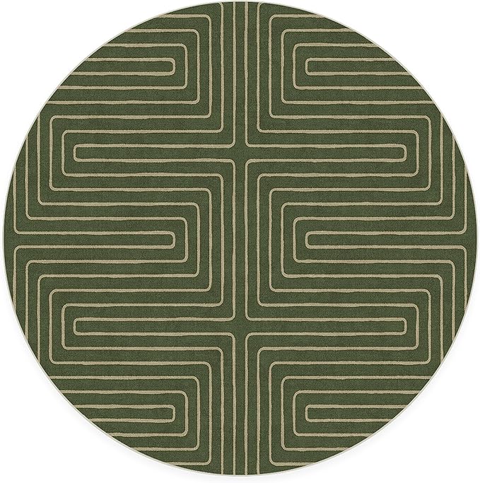 RUGGABLE x Jonathan Adler Machine Washable Area Rug – Labyrinth Fern Green 6 ft Round, Stain-Resistant, Non-Slip – Medium Rugs for Living Room, Bedroom, Hallway, Entryway & Office–with Cushioned Pad