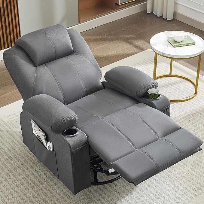 Oversized Swivel Rocker Recliner Chair with Heat and Massage, Large Big Recliner Chair for Living Room, 360 Degree Swivel Rocking Single Sofa with Cup Holders and USB Port(Fabric, Dark Grey)