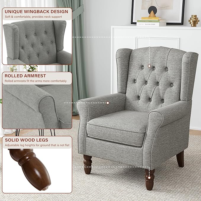 High Back Accent Chair, High Wingback Chair for Living Room, Button-Tufted Upholstered Fabric Armchair with Solid Wood Legs, Comfy Single Sofa Reading Chair for Bedroom, Light Gray