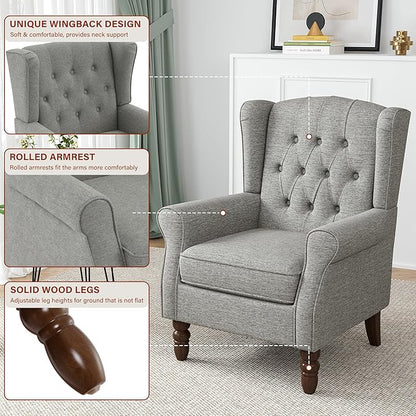 High Back Accent Chair, High Wingback Chair for Living Room, Button-Tufted Upholstered Fabric Armchair with Solid Wood Legs, Comfy Single Sofa Reading Chair for Bedroom, Light Gray