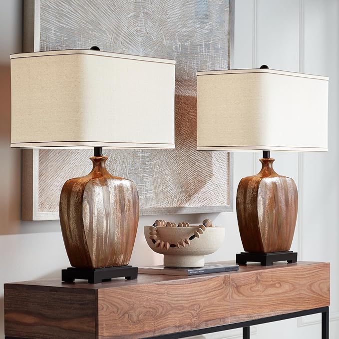 Possini Euro Design Julius Modern Rustic Style Table Lamps 27" Tall Set of 2 Ceramic Copper Drip Rectangular Fabric Shade Decor for Living Room Bedroom House Bedside Nightstand Home Office Reading